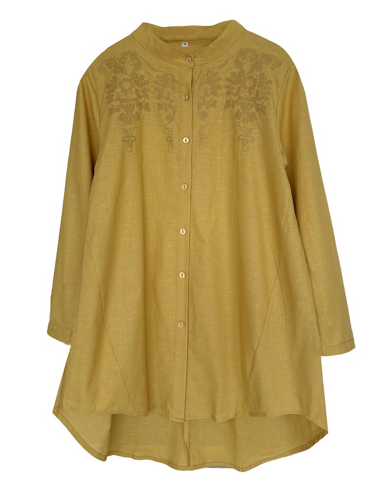 Minibee Women's Cotton Linen Shirt High Low Button Down Embroidered Blouse Long Sleeve Tunic Tops Yellow 2XL - Image 2